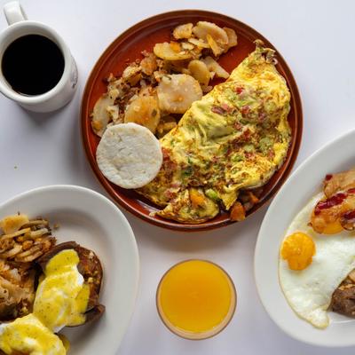 A top view of served food and drinks.