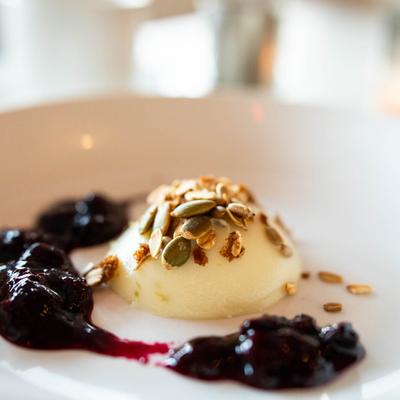 Key Lime Panna Cotta, with nut granola and berry jus