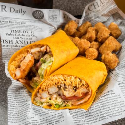 Chicken burrito and tater tots.