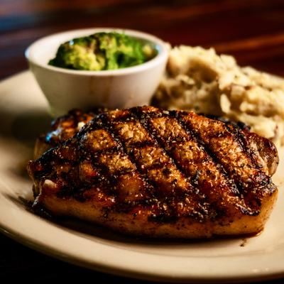 Grilled steak with broccoli and garlic mashed potatoes.