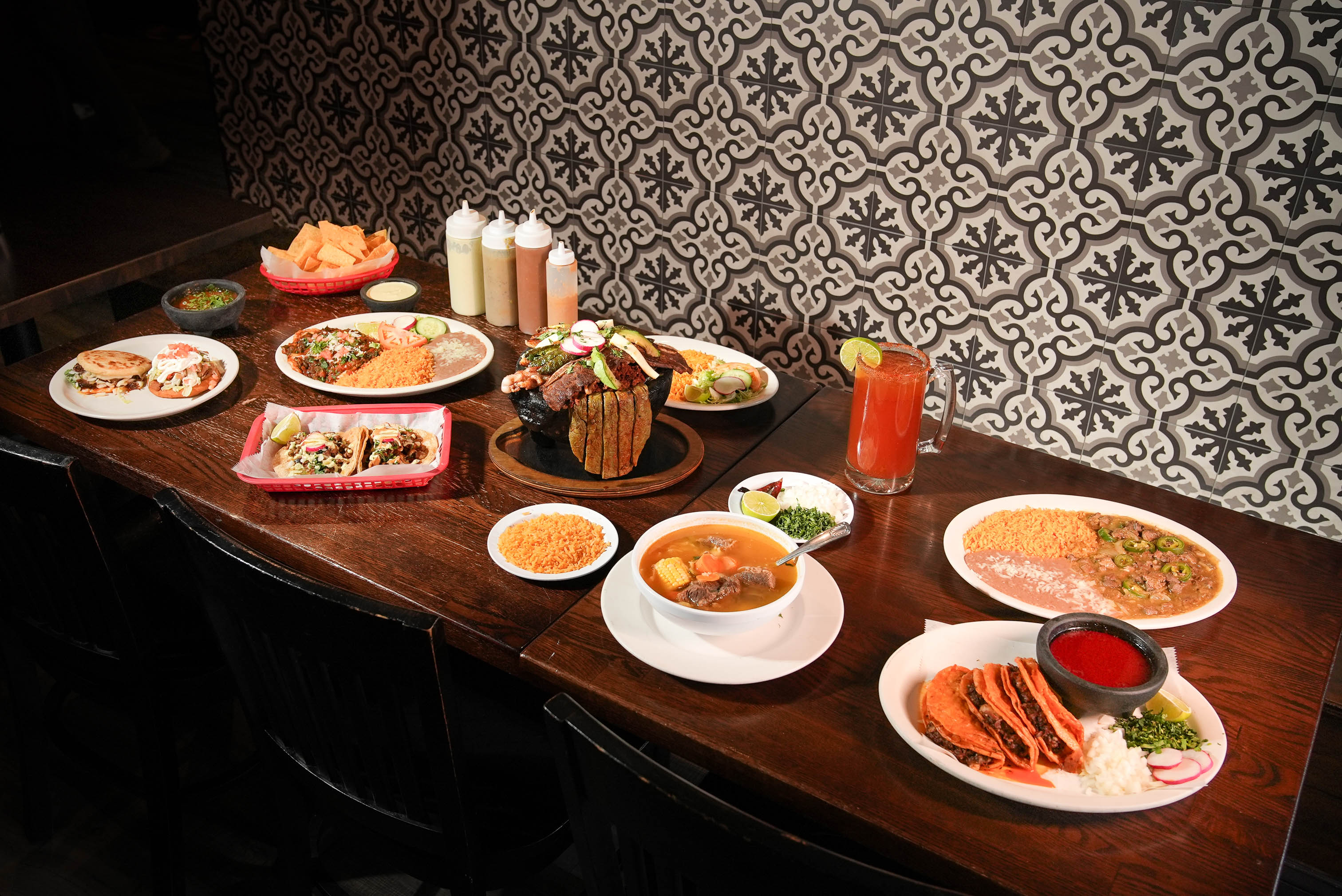 Various food and drinks on the table