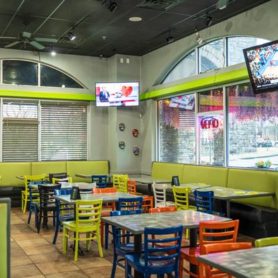 The interior, tables and chairs.