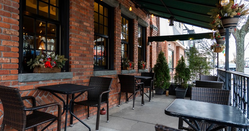 Outdoor patio, brick walls, black-framed windows, wicker furniture, green canopy, decorative plants