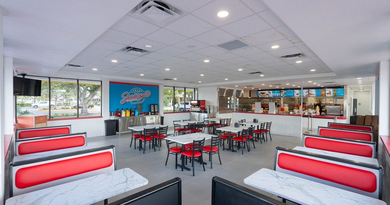 Interior, restaurant booths and tables