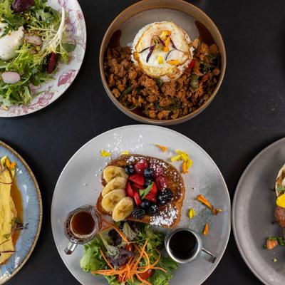 A variety of dishes, top view.