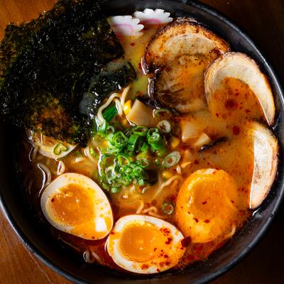Spicy Miso Ramen bowl, top view.