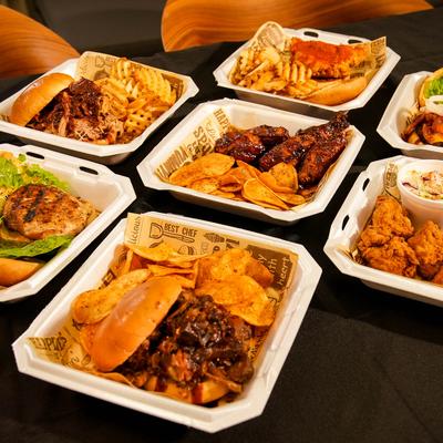 Variety of takeaway meals served on a table.