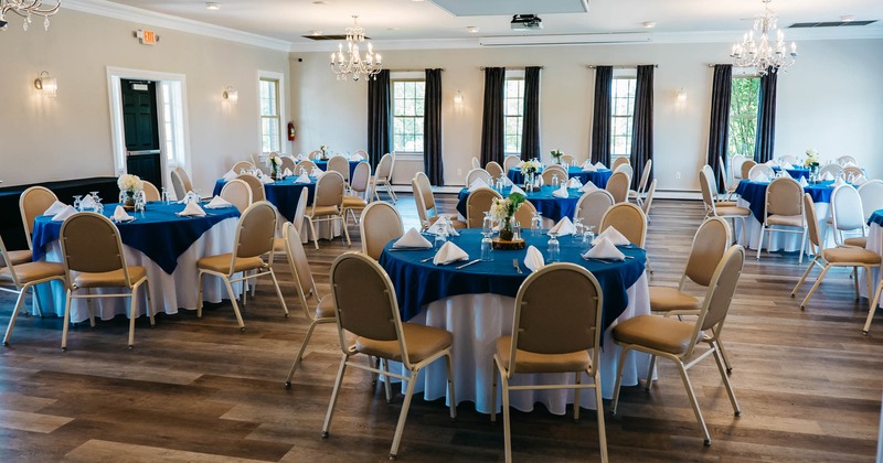 Interior, banquet room with tables ready for guests