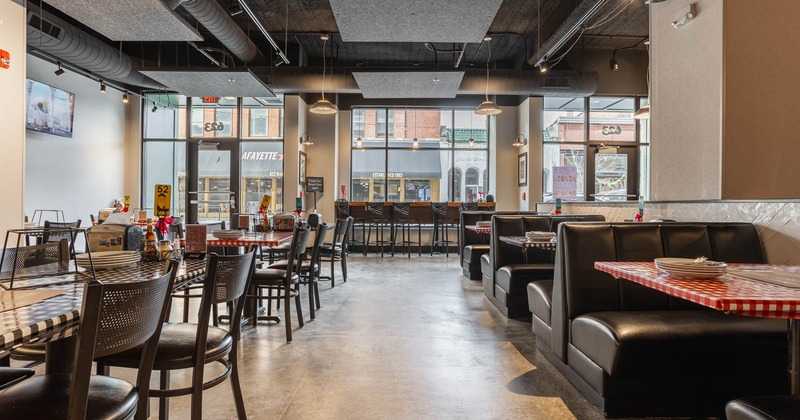 Inside, booths, dining tables and chairs