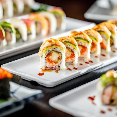 Crabmeat and breaded fish sushi rolls.