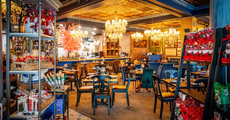 Diner room, tables and chairs, wide view