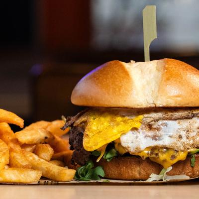 Cali Burger, with fried egg, avocado, arugula, tomato, American cheese, sauce, and fries.
