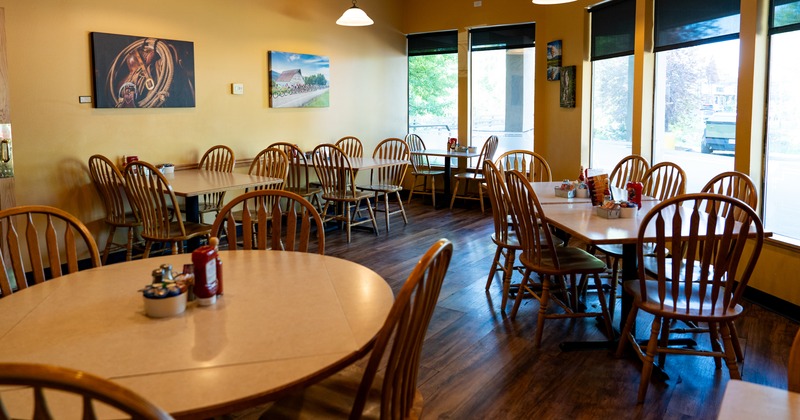 Diner area, tables and chairs, wide view