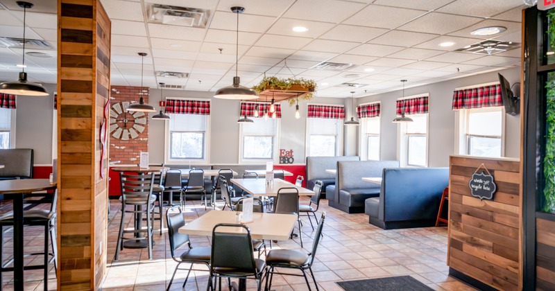 Spacious interior dining area with tables ready for guests