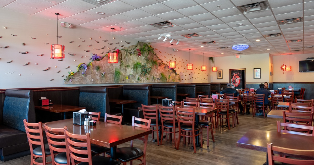 Diner area, tables, chairs, wide view
