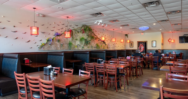 Diner area, tables, chairs, wide view