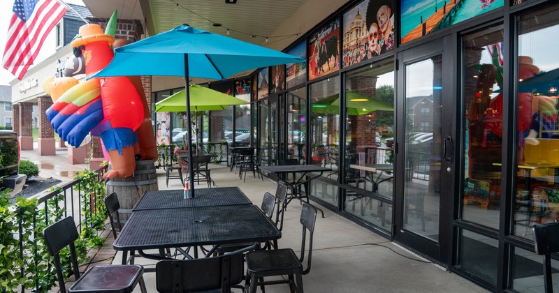 Exterior, tables, chairs and parasols