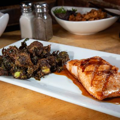 Maple bourbon chicken, served.