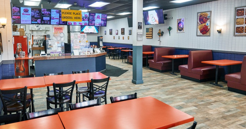 Interior, tables, chairs and seating booths