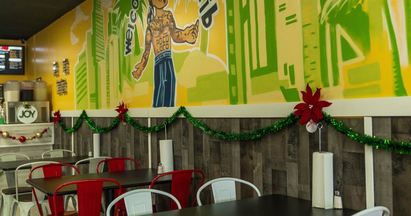 Interior, tables and chairs ready for guests