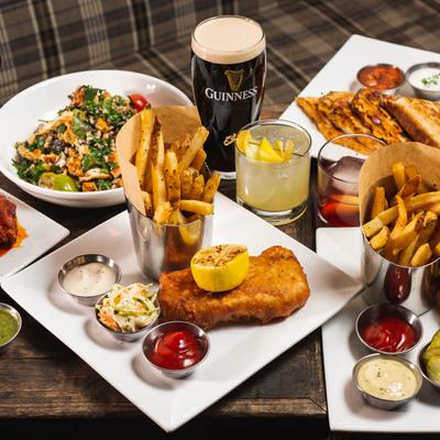 Assorted dishes and drinks.