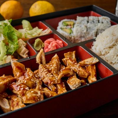 Various foods in serving containers.