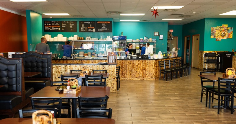 Interior, seating booths, tables and chairs