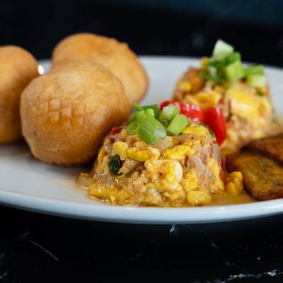 Ackee and saltfish, closeup.