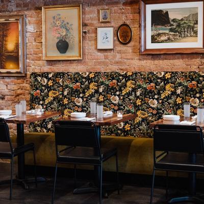 Banquette seating, tables ready for guests