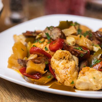 Sautéed chicken breast and sausage.