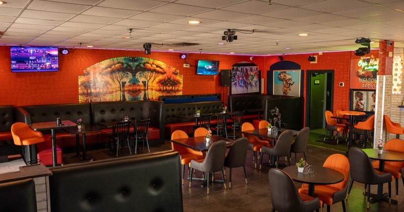 Interior, seating area with pictures on the wall