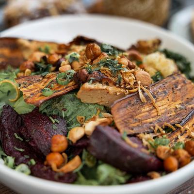 Harvest Bowl, kale salad with chicken, rice, goat cheese and sweet potato