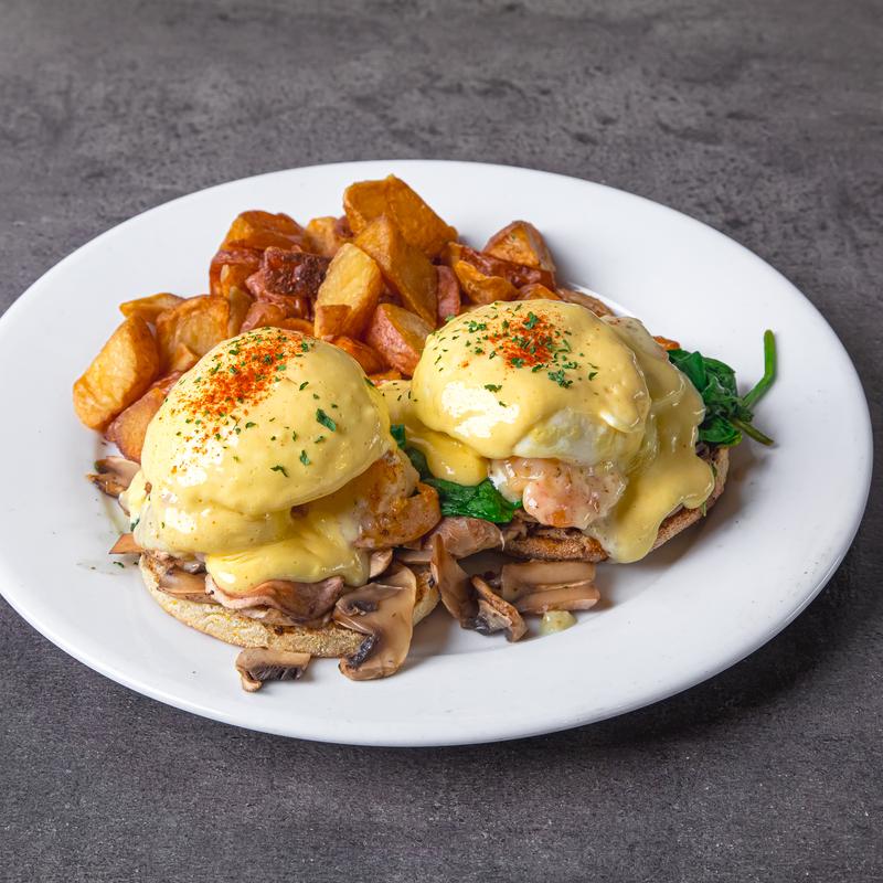 menu item 27 of 111, Garlic Creamed Shrimp & Mushroom Benedict