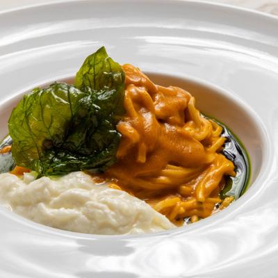 Spaghetti with tomato sauce, crispy basil, and burrata.