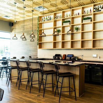 Interior, seating area, a counter with  chairs