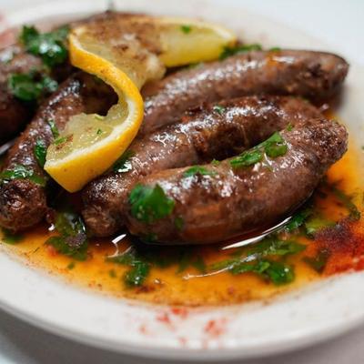 Fried halal sausages.