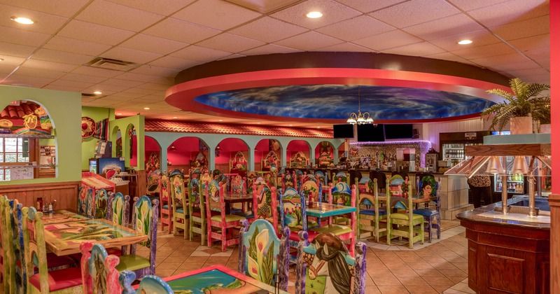 Interior, dining area, colorful furniture