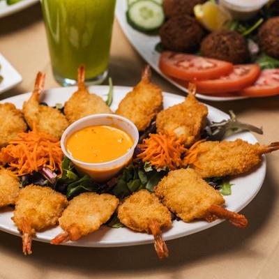 Fried shrimp with boom boom sauce.