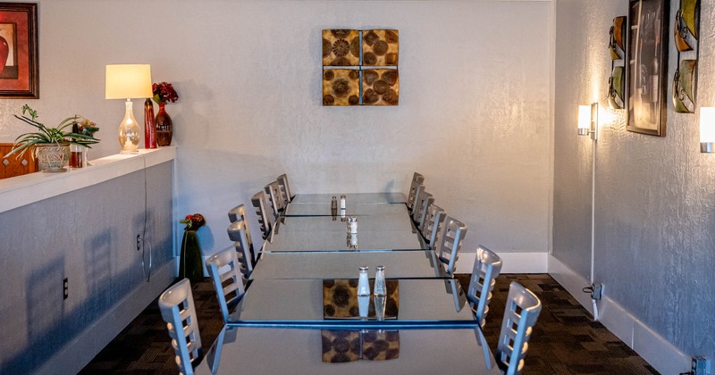 Interior, seating area, table ready for guests