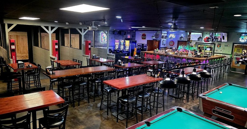 Seating area with pool tables