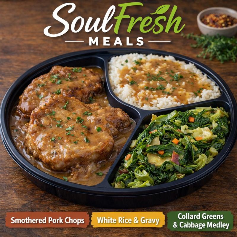 menu item 30 of 43, Smothered Pork Chops | White Rice & Gravy | Collard Greens & Cabbage Medley