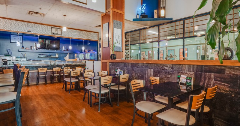 Interior, wide open view of a seating area