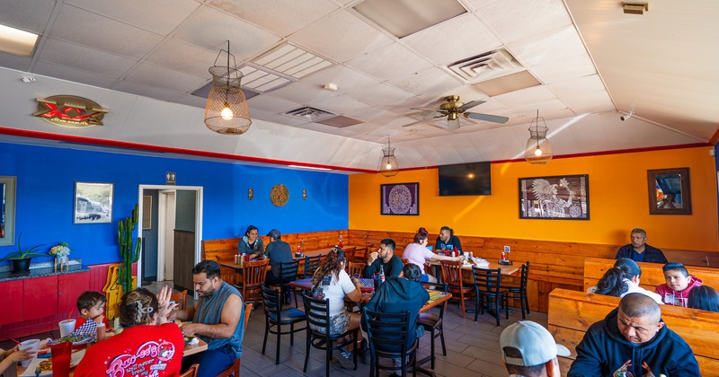 Interior, dining area with colorful walls
