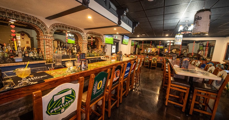 Interior, bar area, bar and bar stools