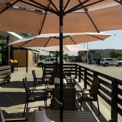 Outdoor seating area on a sunny day.