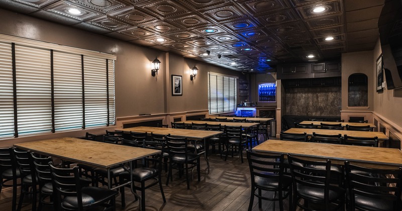 Dining area, wooden tables and chairs