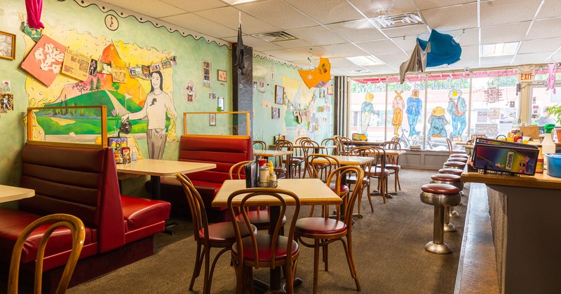 Interior, dining booths and tables, wall decorations