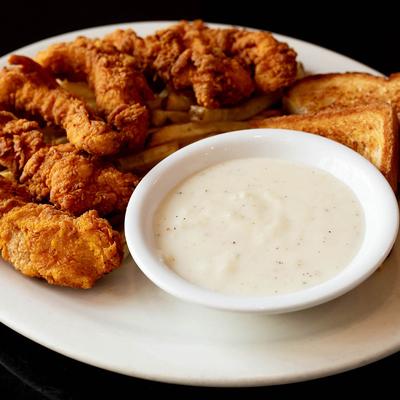 Chicken strips served with home-style cream gravy and toast.