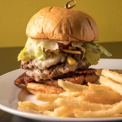 Xtudo Burger served on a white plate with fries.