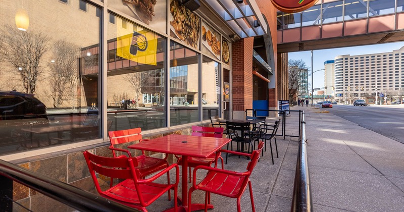 Exterior, seating space in front of the main entrance